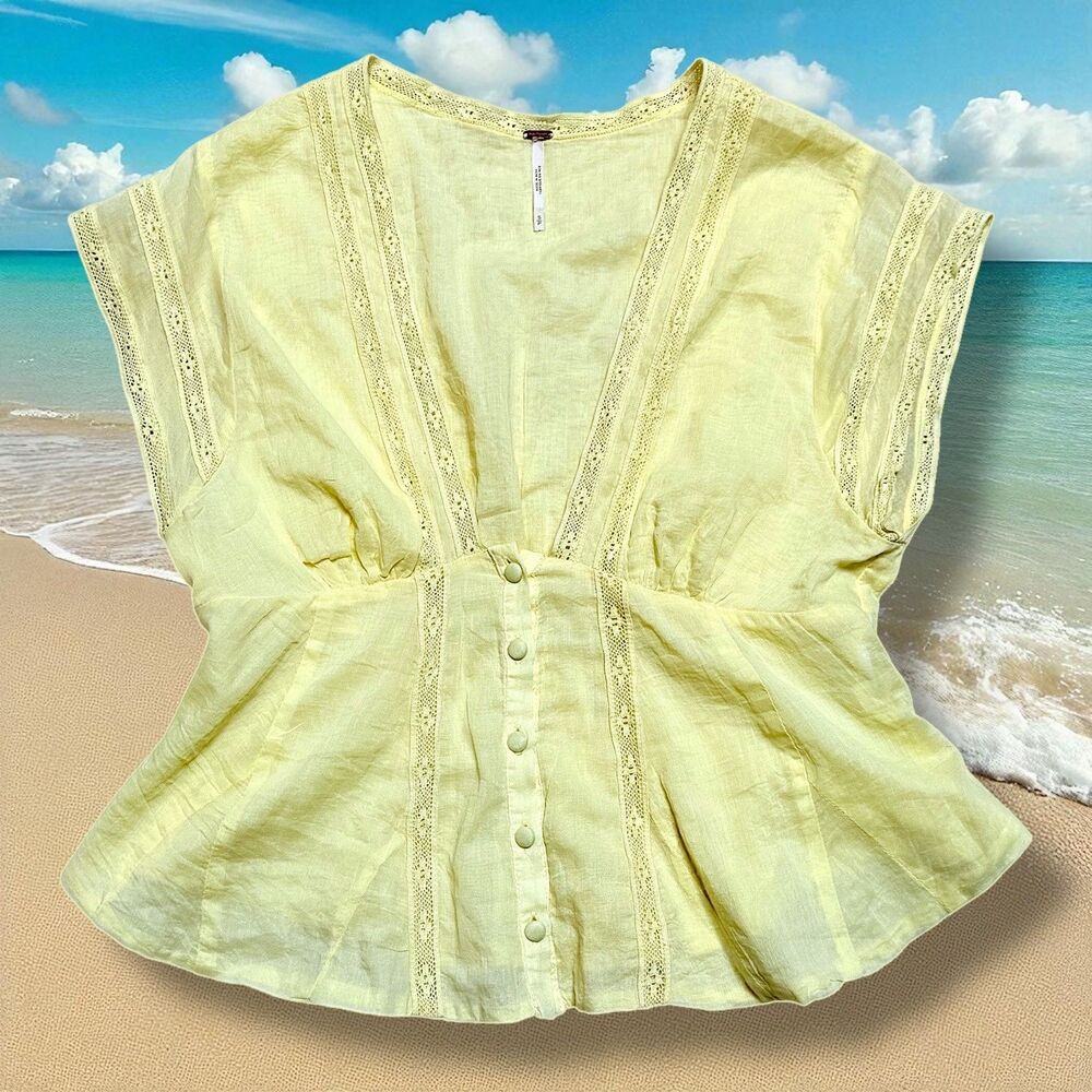 SOLD Free People Yellow V Neck Button Up Ruched Lace Flutter Sleeve Blouse Top S